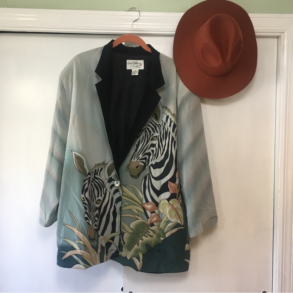 Vintage Carol Peterson Silk Blazer Jacket Green Zebra size 1X - Picture 3 of 16
